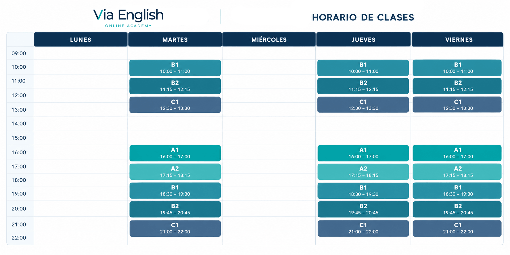 Horarios de clases de inglés en Via English
